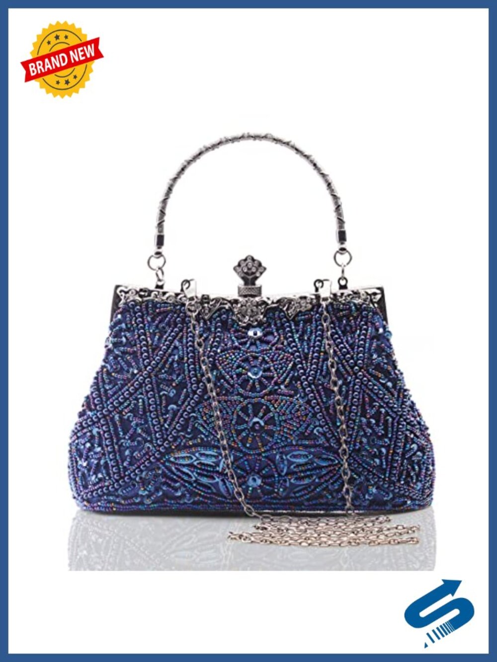 Vintage Beaded Sequin Evening Clutch with Detachable Chain
